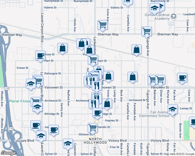 map of restaurants, bars, coffee shops, grocery stores, and more near 6858 Lankershim Boulevard in Los Angeles