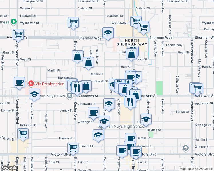 map of restaurants, bars, coffee shops, grocery stores, and more near 6842 Cedros Avenue in Los Angeles