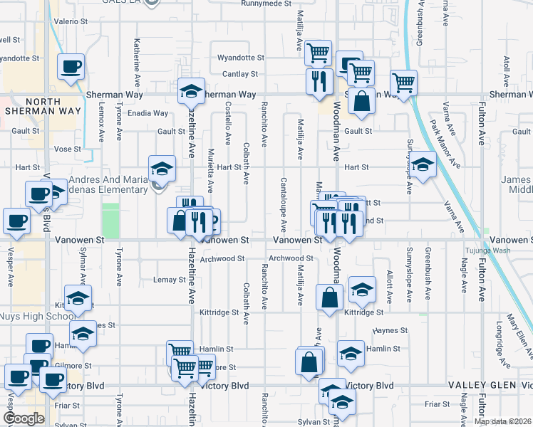 map of restaurants, bars, coffee shops, grocery stores, and more near Ranchito Avenue in Los Angeles
