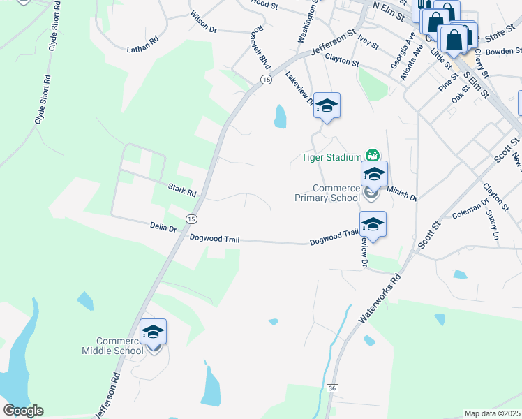 map of restaurants, bars, coffee shops, grocery stores, and more near 244 Magnolia Place in Commerce