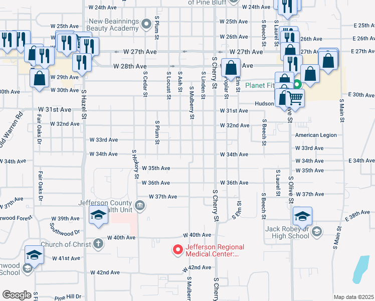 map of restaurants, bars, coffee shops, grocery stores, and more near 1303 West 34th Avenue in Pine Bluff