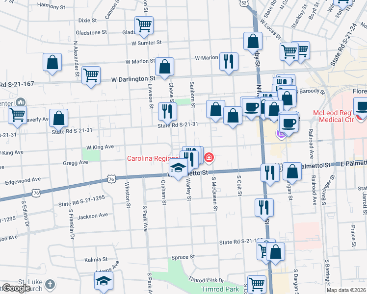 map of restaurants, bars, coffee shops, grocery stores, and more near 491 West Cheves Street in Florence
