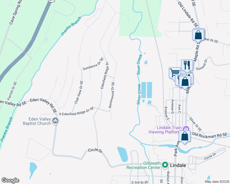 map of restaurants, bars, coffee shops, grocery stores, and more near 280 Ravenwood Drive Southeast in Rome
