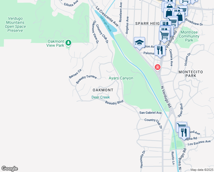 map of restaurants, bars, coffee shops, grocery stores, and more near 1435 Valane Drive in Glendale