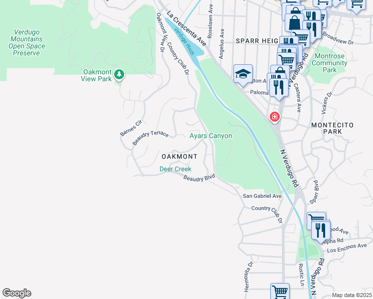 map of restaurants, bars, coffee shops, grocery stores, and more near 1435 Valane Drive in Glendale