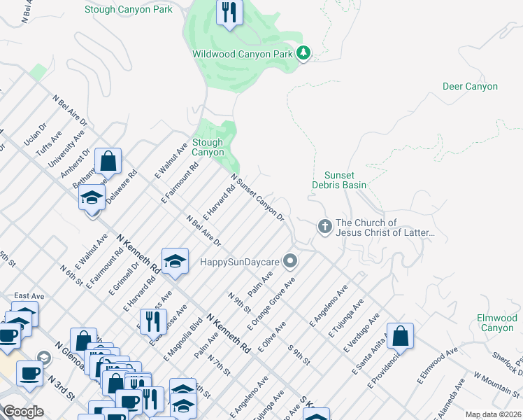 map of restaurants, bars, coffee shops, grocery stores, and more near 1079 East San Jose Avenue in Burbank