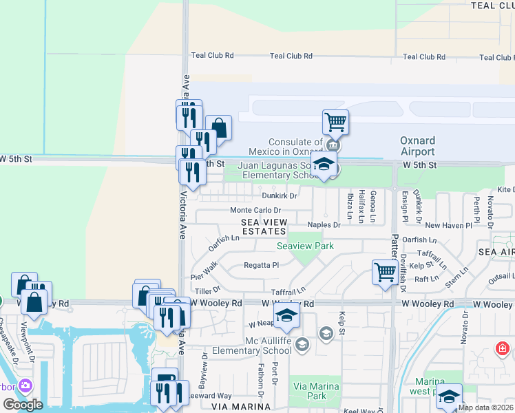 map of restaurants, bars, coffee shops, grocery stores, and more near 3543 Monte Carlo Drive in Oxnard