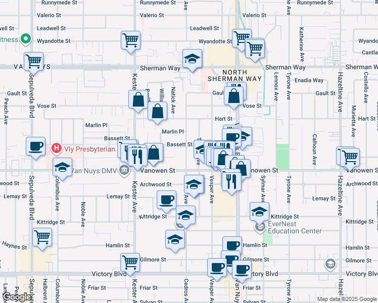 map of restaurants, bars, coffee shops, grocery stores, and more near 6842 Cedros Avenue in Los Angeles