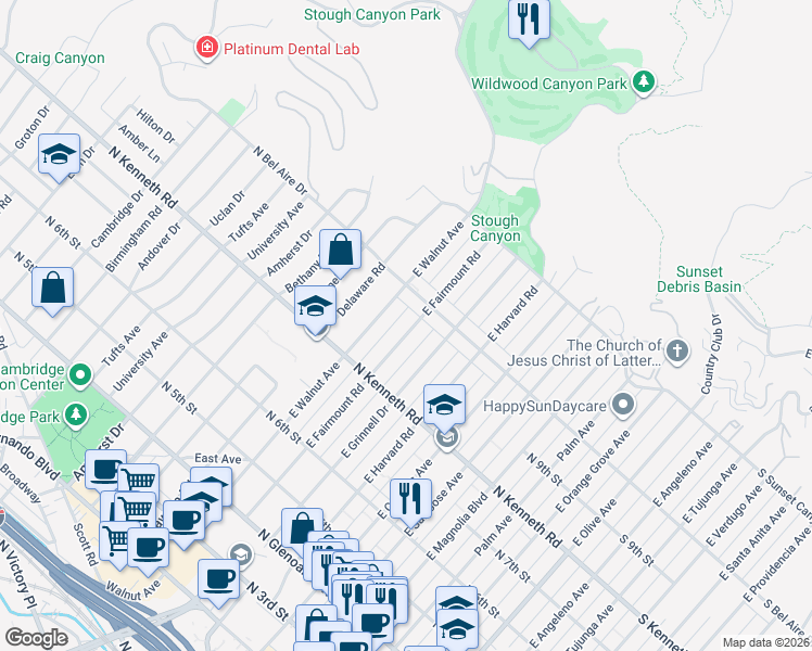 map of restaurants, bars, coffee shops, grocery stores, and more near 915 East Fairmount Road in Burbank