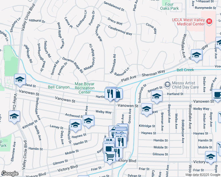 map of restaurants, bars, coffee shops, grocery stores, and more near 23700 Highlander Road in Los Angeles