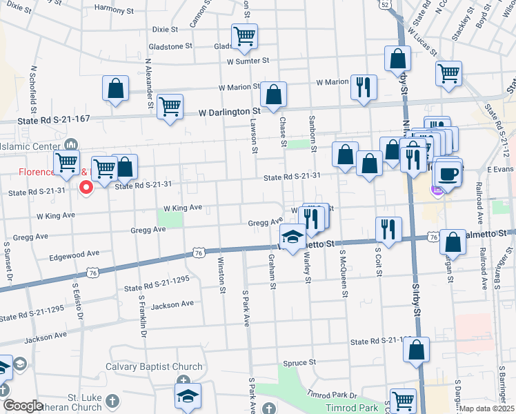 map of restaurants, bars, coffee shops, grocery stores, and more near 620 West King Avenue in Florence