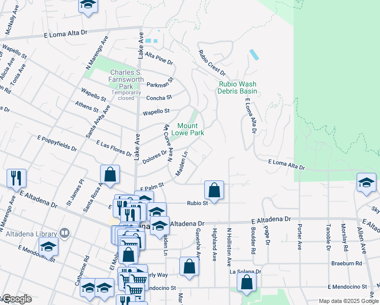 map of restaurants, bars, coffee shops, grocery stores, and more near 2938 Maiden Lane in Altadena