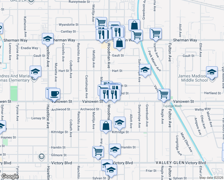 map of restaurants, bars, coffee shops, grocery stores, and more near 13654 Bassett Street in Los Angeles