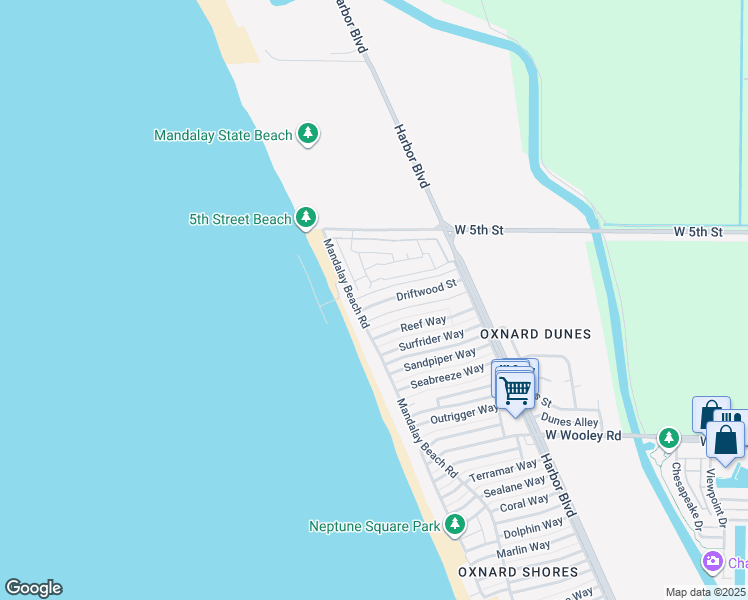 map of restaurants, bars, coffee shops, grocery stores, and more near 5507 Driftwood Street in Oxnard