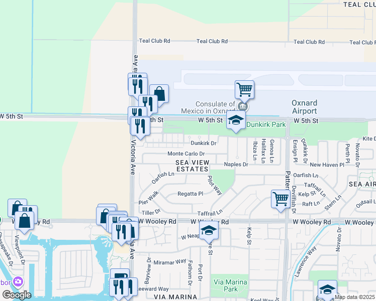 map of restaurants, bars, coffee shops, grocery stores, and more near 3543 Monte Carlo Drive in Oxnard