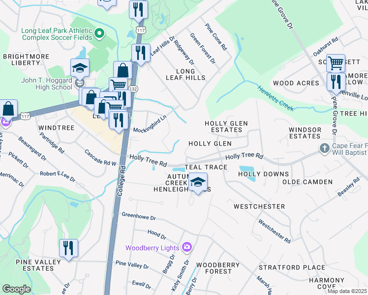 map of restaurants, bars, coffee shops, grocery stores, and more near 4832 Whitner Drive in Wilmington