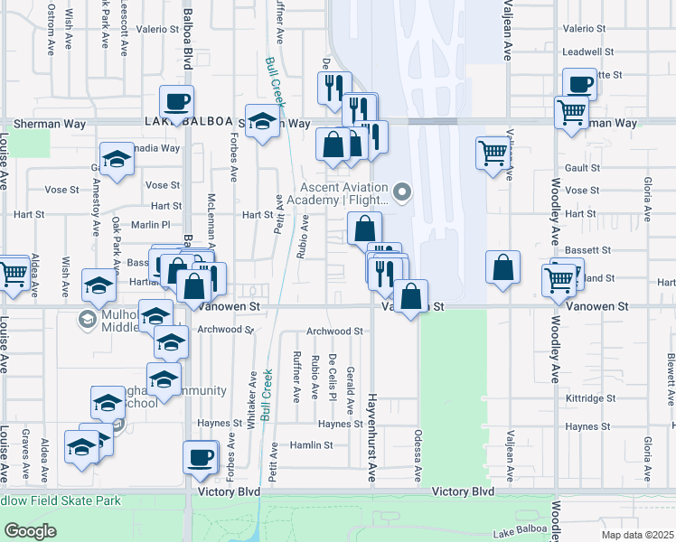 map of restaurants, bars, coffee shops, grocery stores, and more near 6840 De Celis Place in Los Angeles
