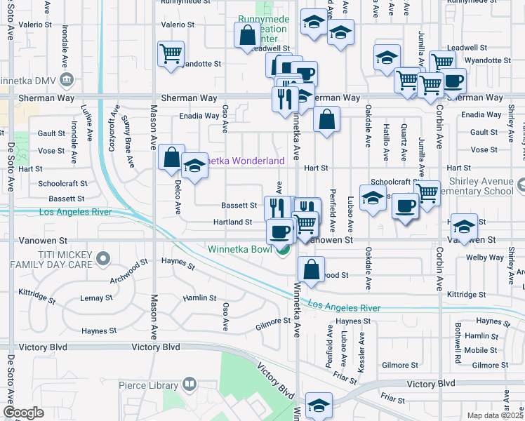 map of restaurants, bars, coffee shops, grocery stores, and more near 20156 Bassett Street in Los Angeles