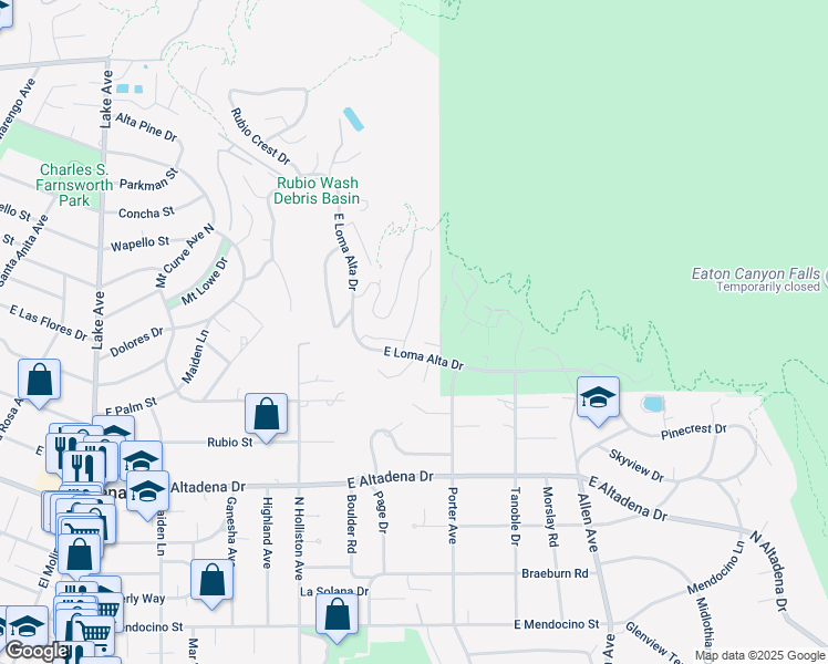 map of restaurants, bars, coffee shops, grocery stores, and more near 2840 Stonehill Drive in Altadena