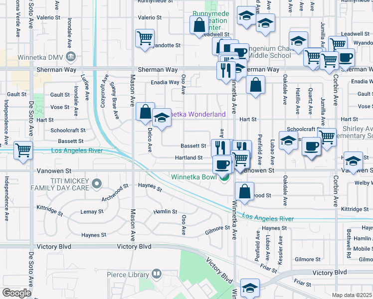 map of restaurants, bars, coffee shops, grocery stores, and more near 20248 Bassett Street in Los Angeles