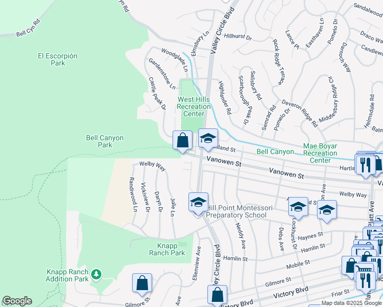 map of restaurants, bars, coffee shops, grocery stores, and more near 43 Vanowen Street in Los Angeles County