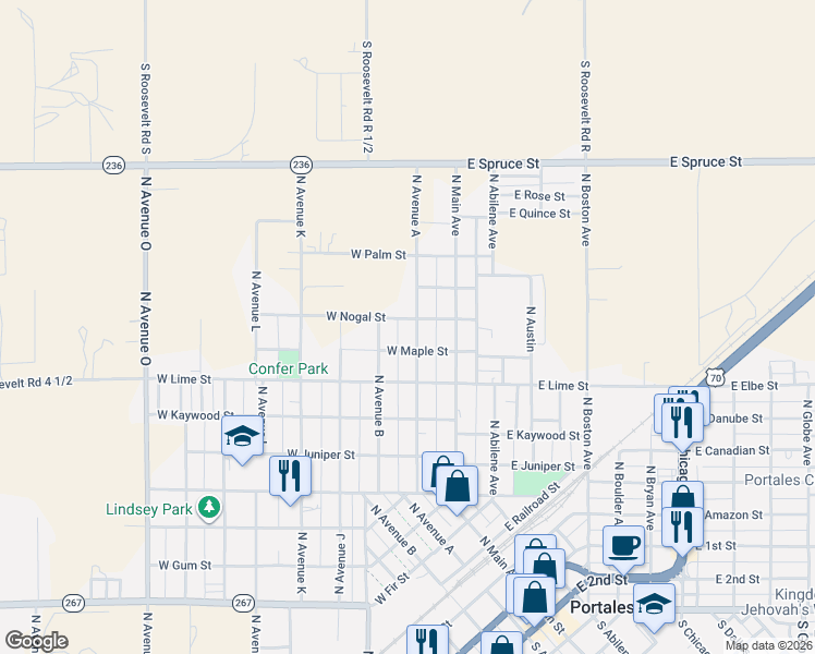 map of restaurants, bars, coffee shops, grocery stores, and more near 251-299 West Nogal Street in Portales