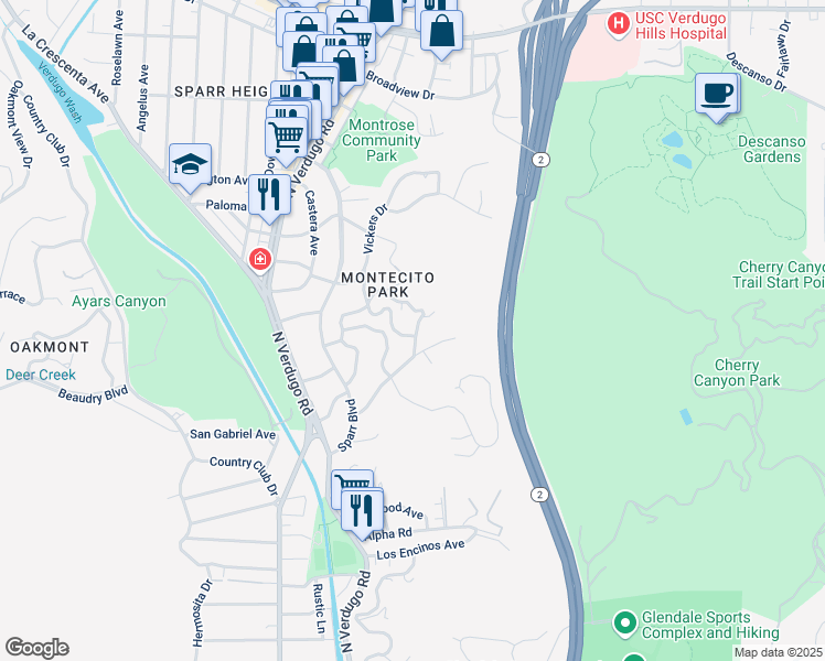 map of restaurants, bars, coffee shops, grocery stores, and more near 3131 El Tovar Drive in Glendale