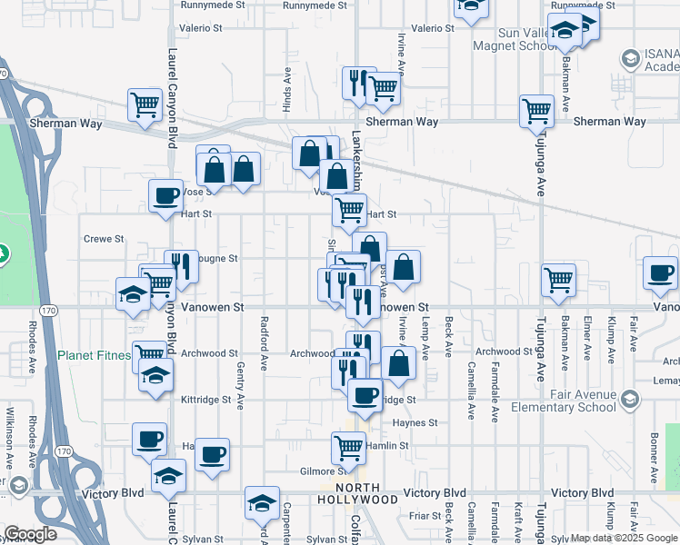 map of restaurants, bars, coffee shops, grocery stores, and more near 6847 Simpson Avenue in Los Angeles