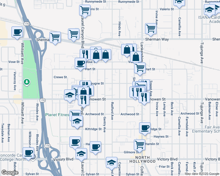 map of restaurants, bars, coffee shops, grocery stores, and more near 6856 Radford Avenue in Los Angeles