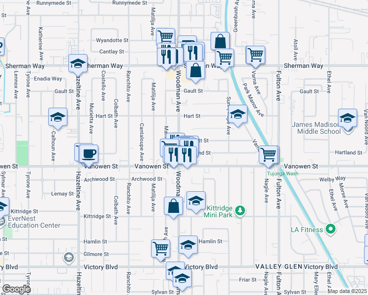 map of restaurants, bars, coffee shops, grocery stores, and more near 13654 Bassett Street in Los Angeles