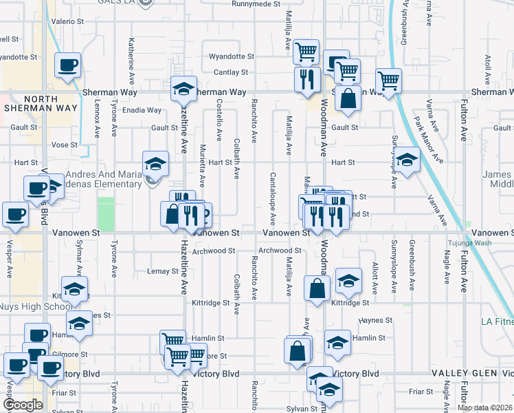 map of restaurants, bars, coffee shops, grocery stores, and more near 6856 Ranchito Avenue in Los Angeles
