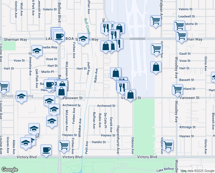 map of restaurants, bars, coffee shops, grocery stores, and more near 6904 De Celis Place in Los Angeles