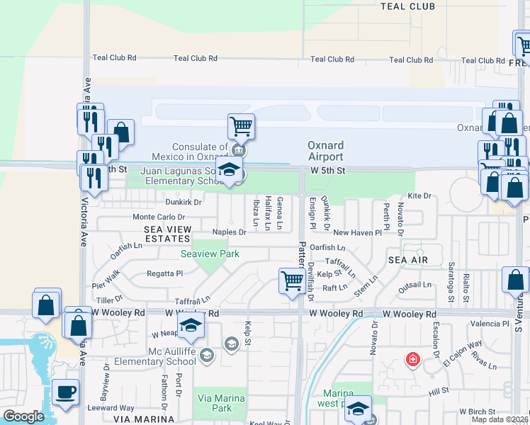 map of restaurants, bars, coffee shops, grocery stores, and more near 633 Genoa Lane in Oxnard