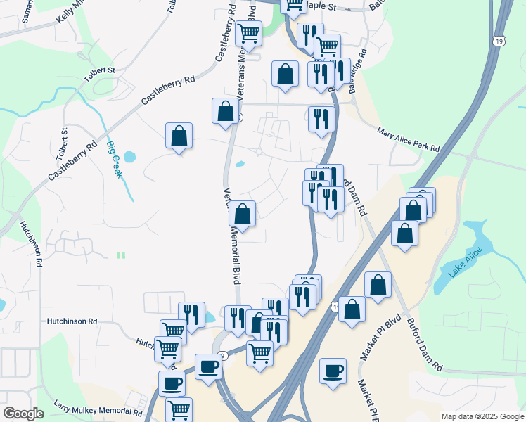 map of restaurants, bars, coffee shops, grocery stores, and more near 167 Basil Street in Cumming