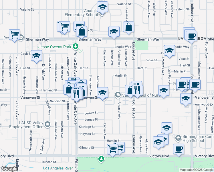 map of restaurants, bars, coffee shops, grocery stores, and more near 6848 Encino Avenue in Los Angeles