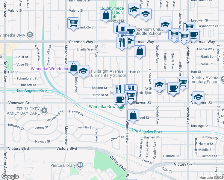 map of restaurants, bars, coffee shops, grocery stores, and more near 20156 Bassett Street in Los Angeles