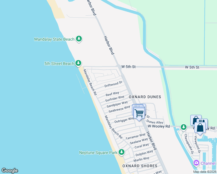 map of restaurants, bars, coffee shops, grocery stores, and more near 5352 Driftwood Street in Oxnard