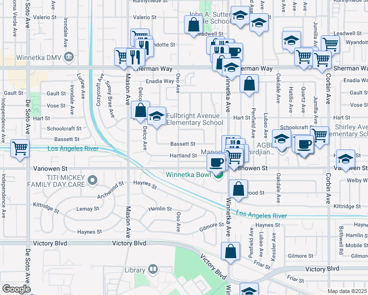 map of restaurants, bars, coffee shops, grocery stores, and more near 20248 Bassett Street in Los Angeles