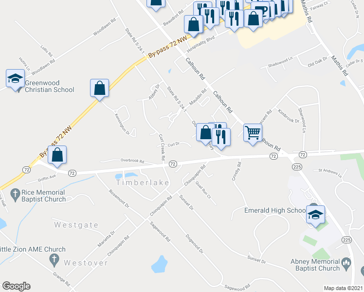 map of restaurants, bars, coffee shops, grocery stores, and more near 110 Curl Drive in Greenwood