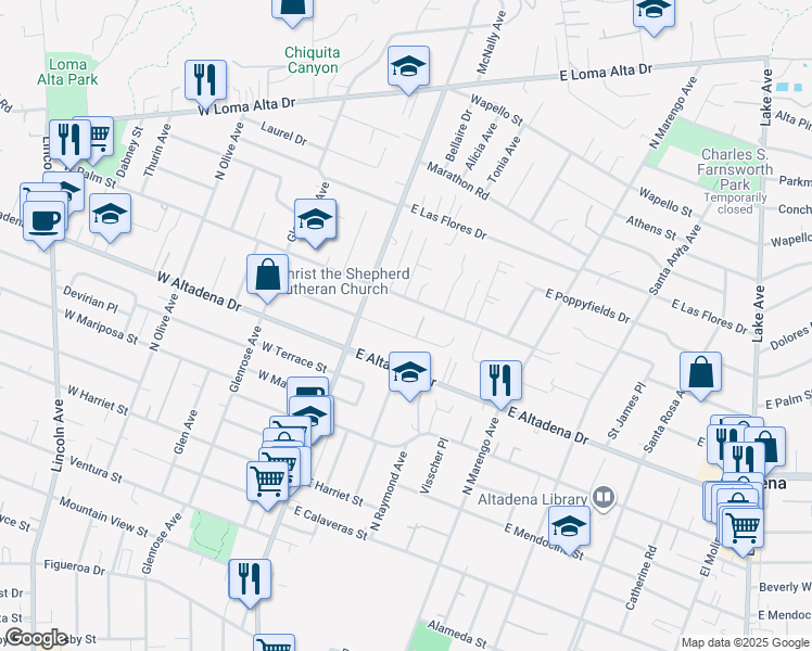 map of restaurants, bars, coffee shops, grocery stores, and more near 95 East Pine Street in Altadena