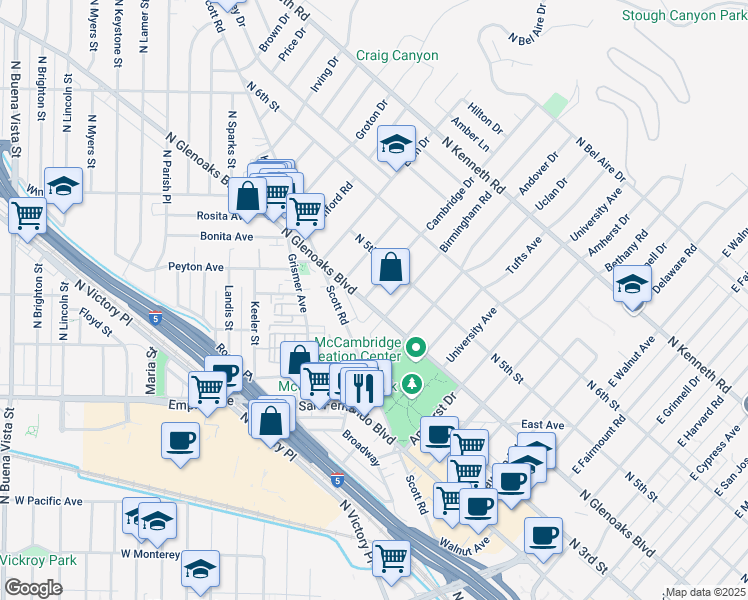map of restaurants, bars, coffee shops, grocery stores, and more near 1811 North Glenoaks Boulevard in Burbank