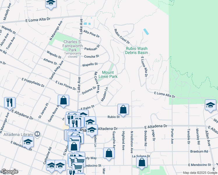 map of restaurants, bars, coffee shops, grocery stores, and more near 2938 Maiden Lane in Altadena