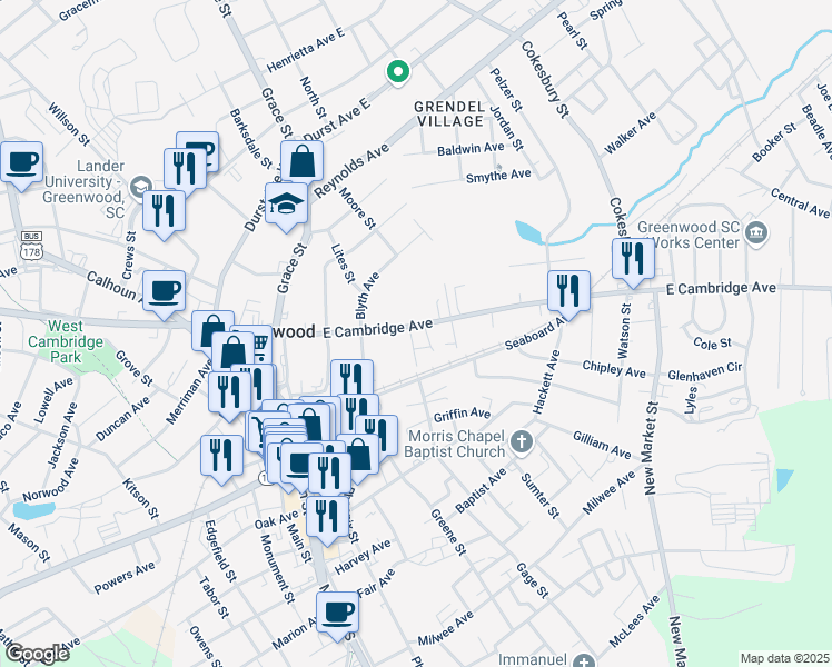 map of restaurants, bars, coffee shops, grocery stores, and more near 302 East Cambridge Avenue in Greenwood