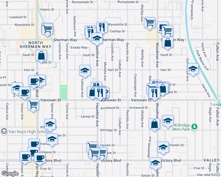 map of restaurants, bars, coffee shops, grocery stores, and more near 6845 Costello Avenue in Los Angeles