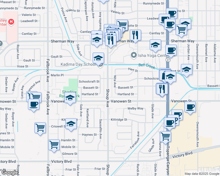 map of restaurants, bars, coffee shops, grocery stores, and more near 6856 Shoup Avenue in Los Angeles