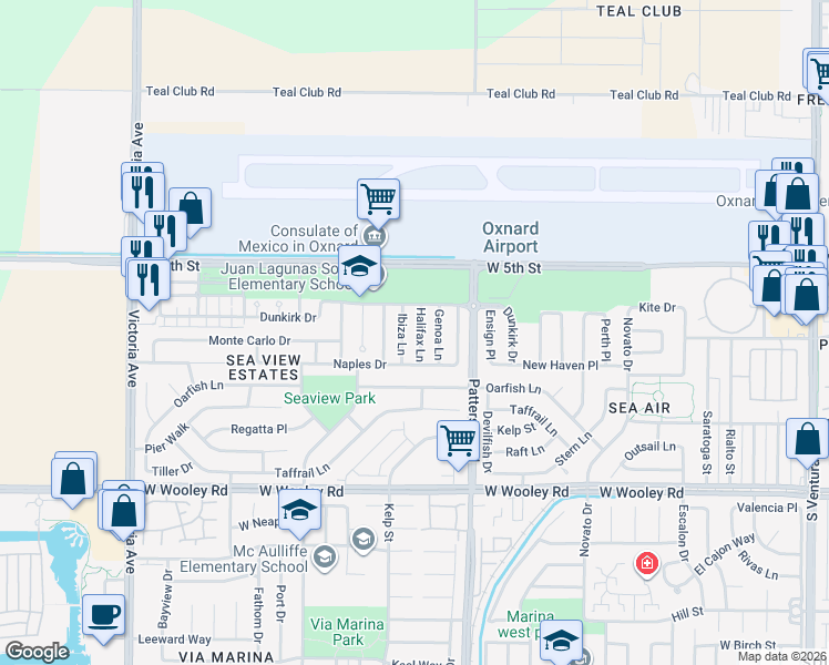 map of restaurants, bars, coffee shops, grocery stores, and more near 633 Genoa Lane in Oxnard