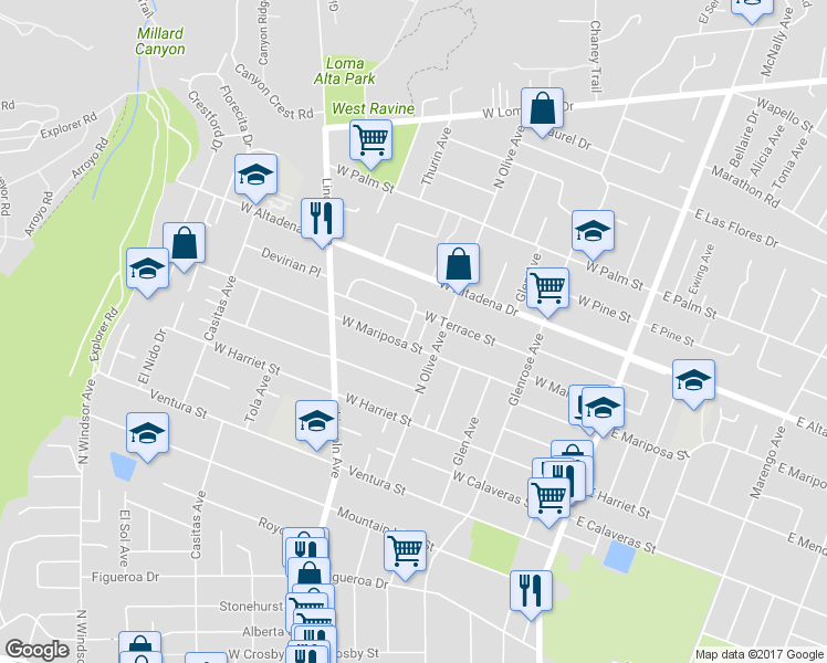 map of restaurants, bars, coffee shops, grocery stores, and more near 2896 Calanda Avenue in Altadena