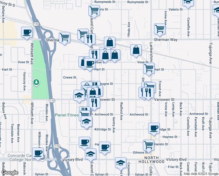 map of restaurants, bars, coffee shops, grocery stores, and more near 6843 Gentry Avenue in Los Angeles
