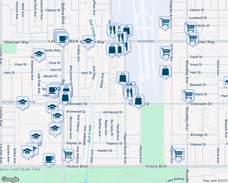 map of restaurants, bars, coffee shops, grocery stores, and more near 6840 De Celis Place in Los Angeles