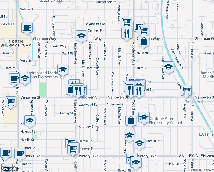 map of restaurants, bars, coffee shops, grocery stores, and more near 6850 Ranchito Avenue in Los Angeles